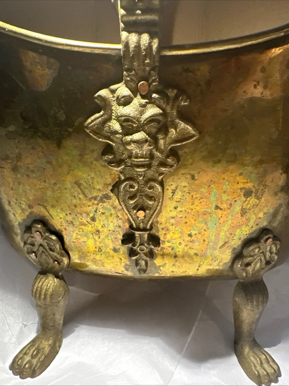 Solid copper and brass coal handle lions head footed made in Ireland 12”x13”x9”